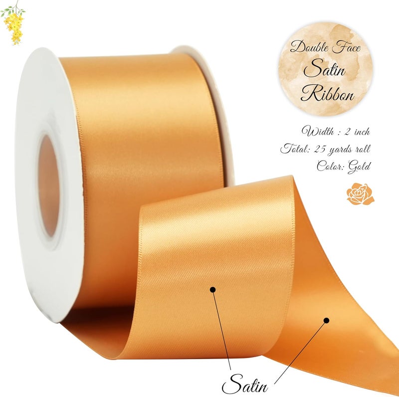 DINDOSAL Gold Ribbon 2 Inch Double Face Satin Ribbon Thick Gold Ribbon for Wedding Bridal BouquetCrafts Party Decorations - 25Yards - Image 2